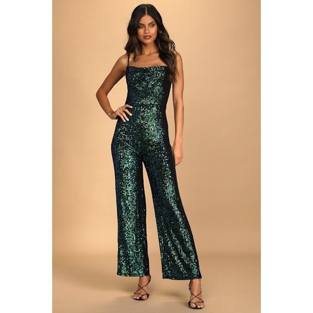 Lulus Dancing To The Music Green Iridescent Sequin Wide-leg Jumpsuit - Size M